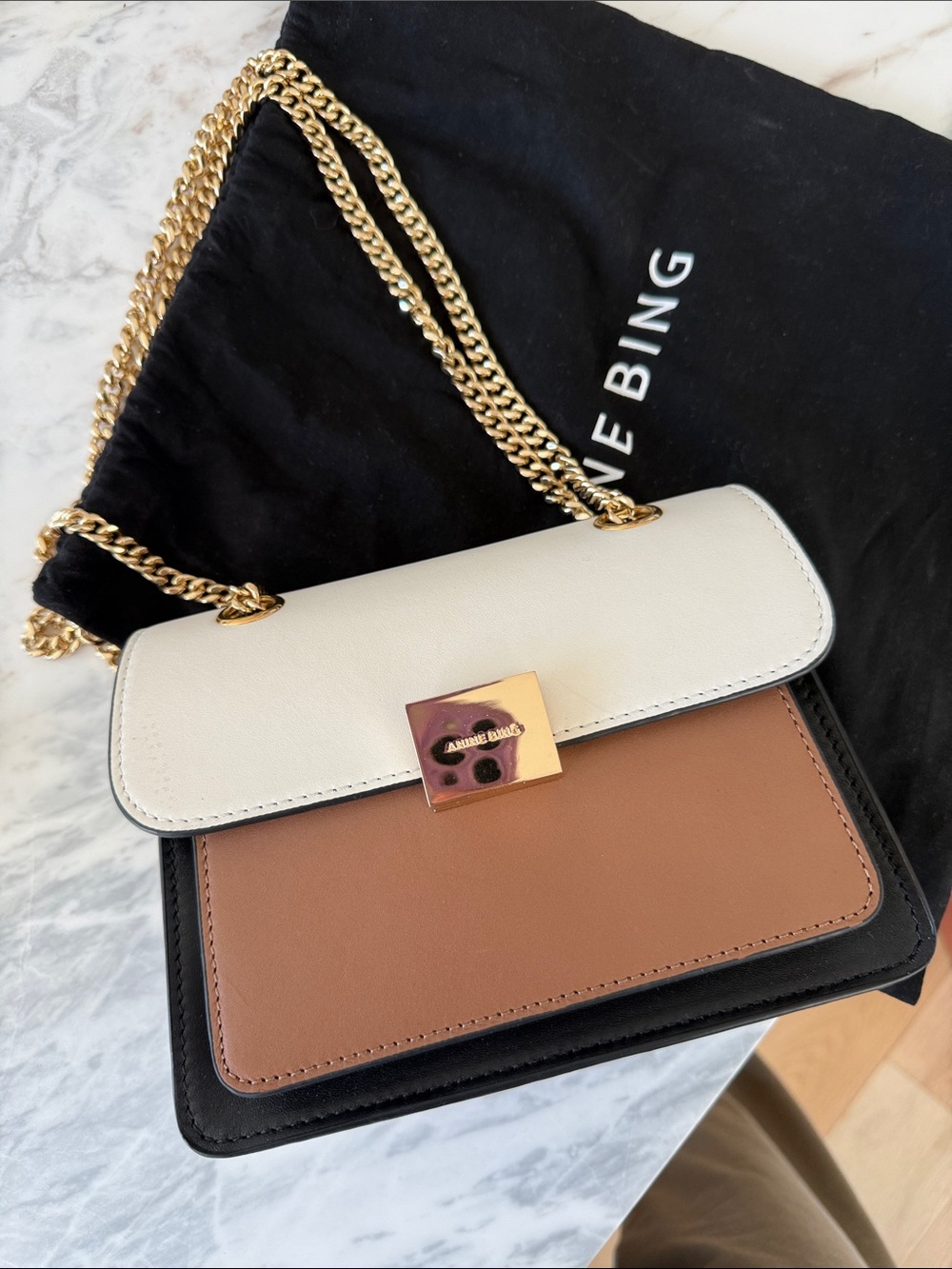 Anine Bing Two-Tone White, Brown and Black Chain Shoulder Bag Mini Felix Bag